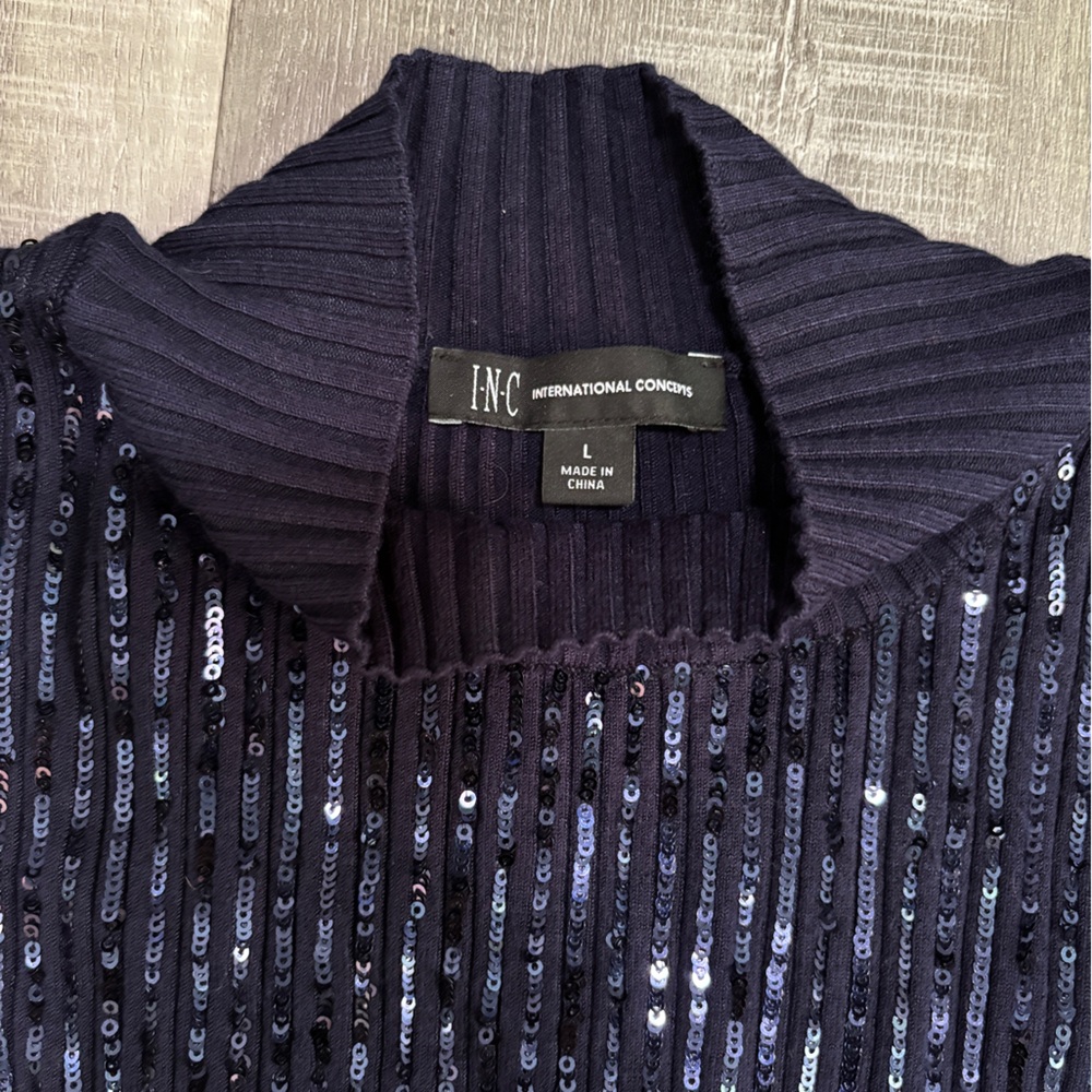 INC International Concepts Navy Ribbed Sequin-Front Mock Neck Sweater - Picture 3 of 6